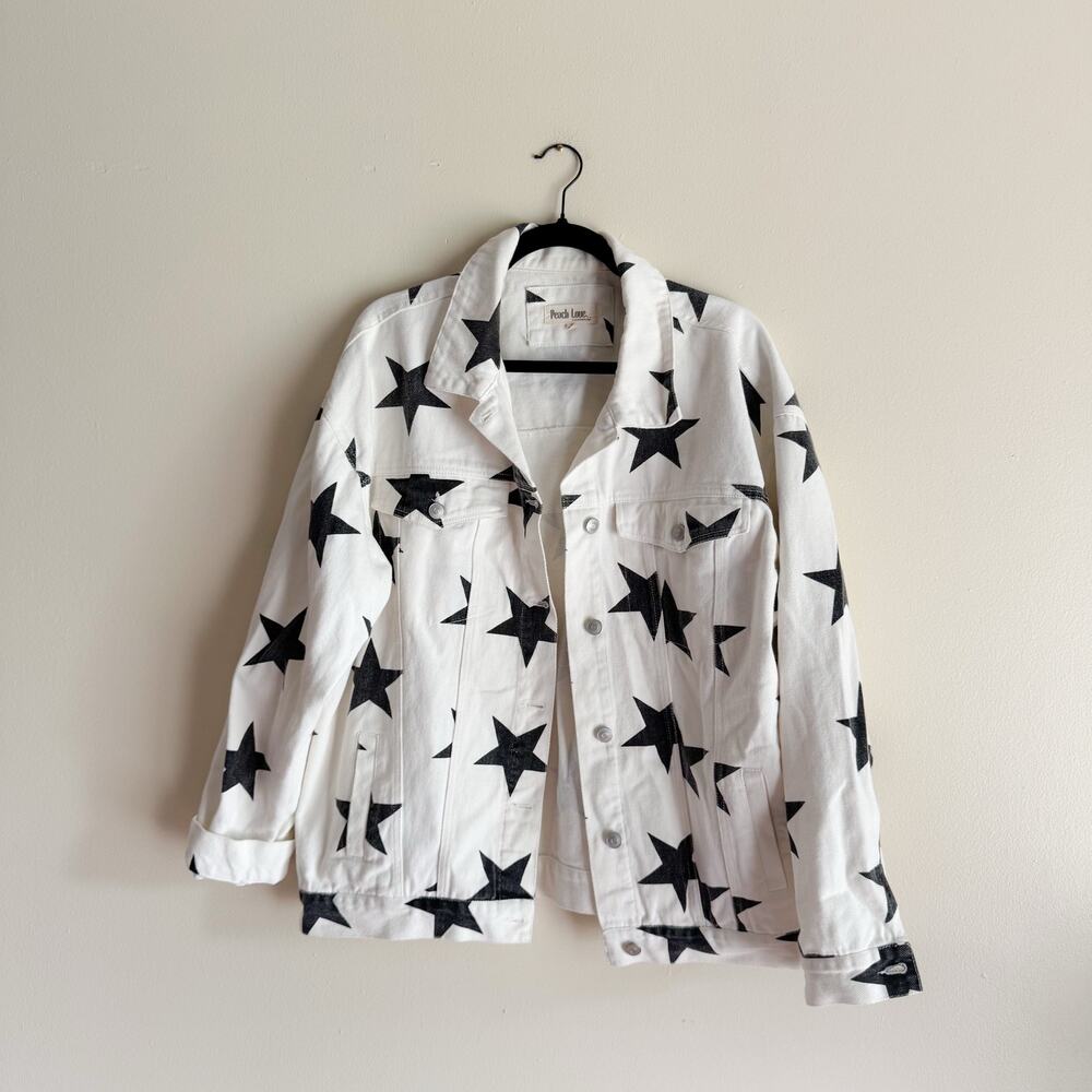 Peach Love White + Black Star Print Denim Jean Jacket with Pockets - Large